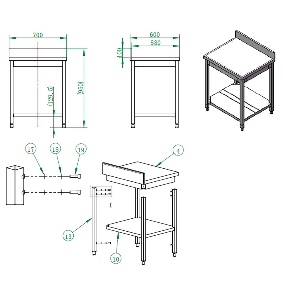 EASYLINE Arbeitstisch 600 / mit Grundboden & Aufkantung