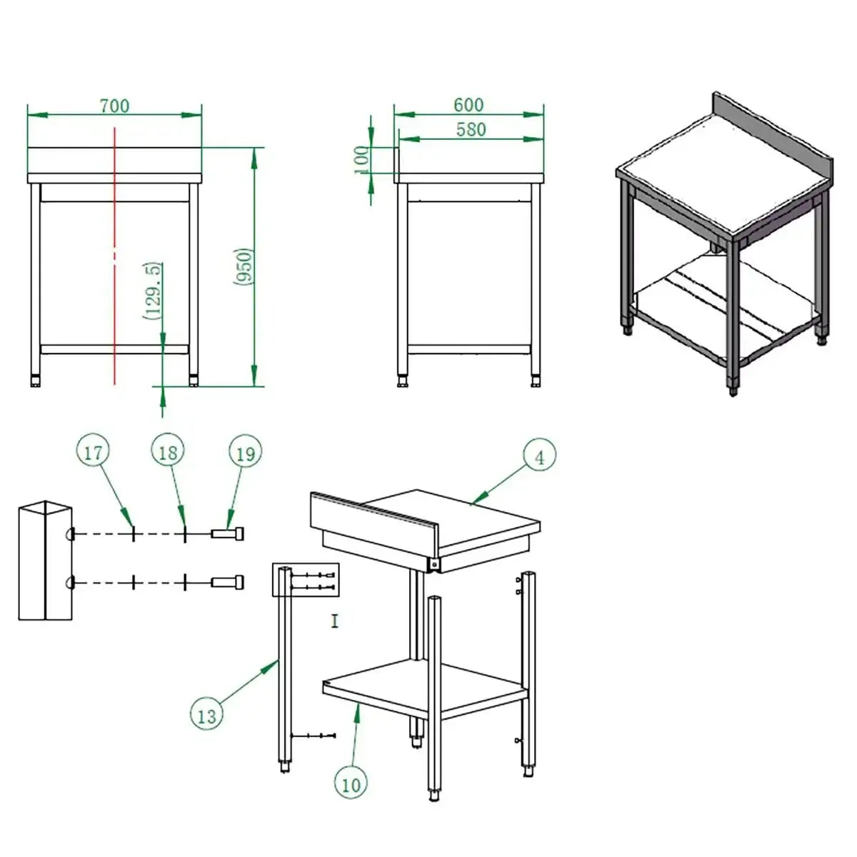 Zeichnung Edelstahltisch mit Ablage, Maße und Aufbau für Gastronomie, Gastro-Bedarf24