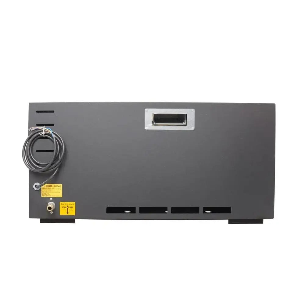 Rückseite eines schwarzen Gastronomiegeräts mit Stromkabel, Lüftungsschlitzen und Anschluss – Gastro-Bedarf24