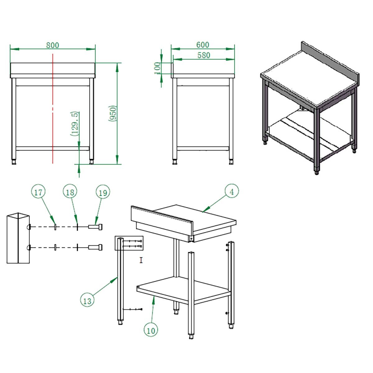 EASYLINE Arbeitstisch 600 / mit Grundboden & Aufkantung