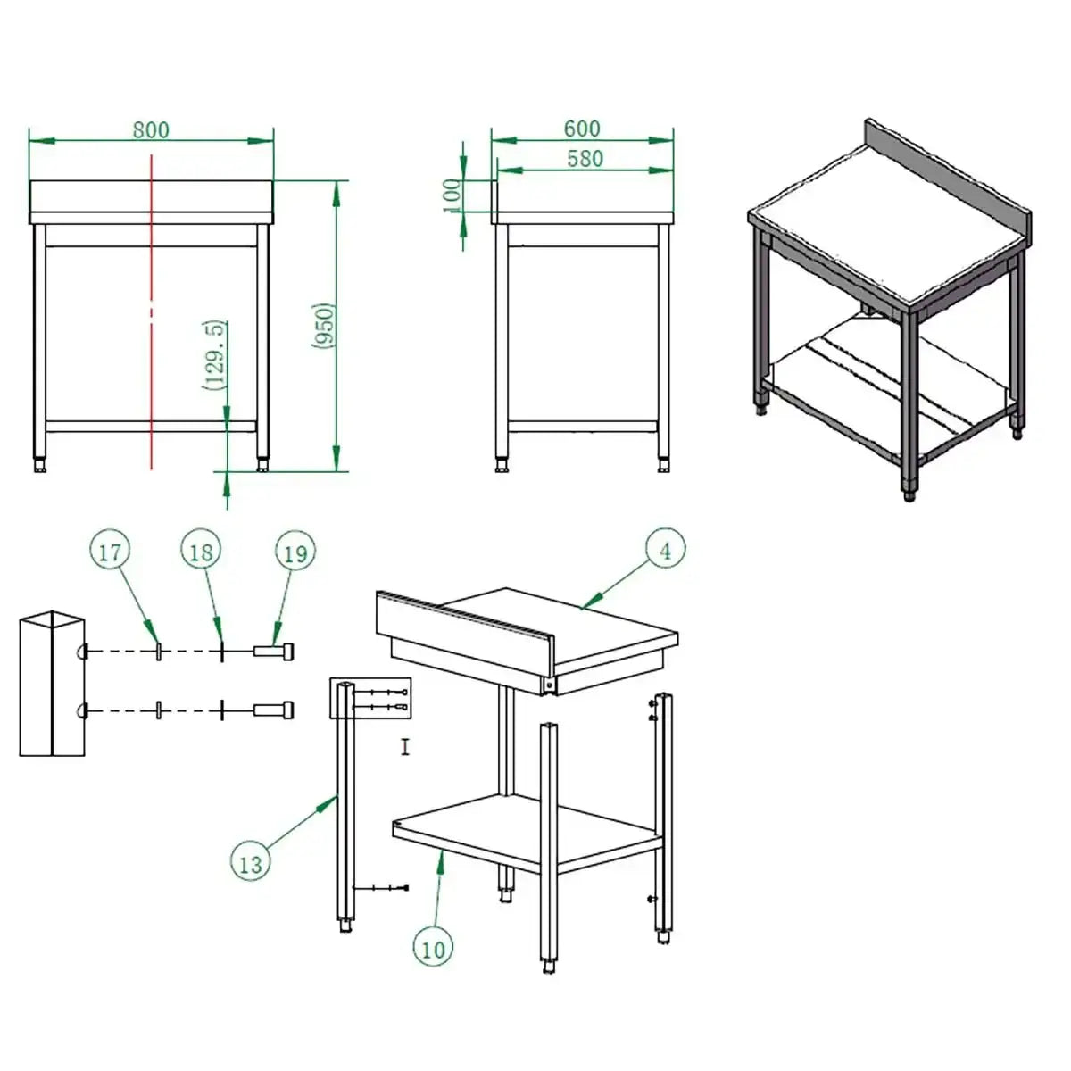 Technische Zeichnung eines Edelstahl Arbeitstischs für Gastronomie mit Ablage, Maße und Einzelteile.