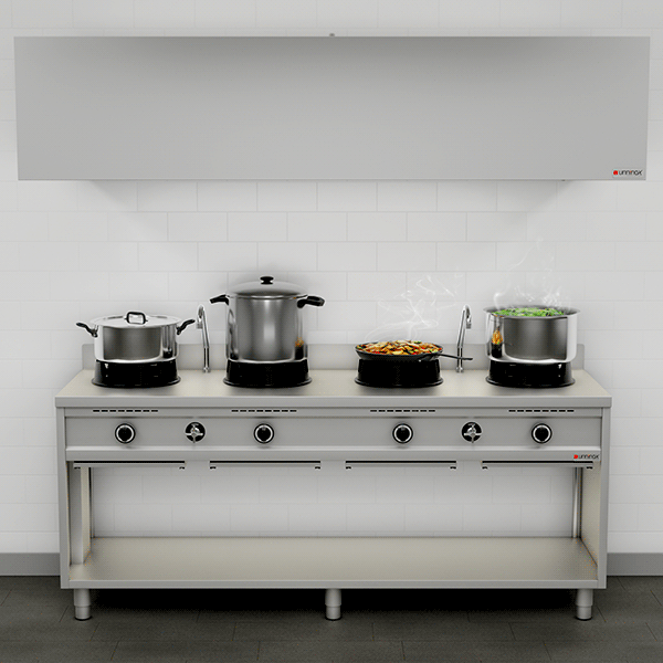 Gas-Wokherd – 2000x600x850/900 mm - 4×15 kW – 4 Kochzonen