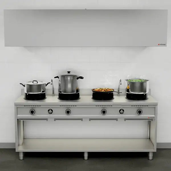 Gas Wok Stove – 2000x600x850/900 mm - 4×15 kW – 4 Cooking Zones