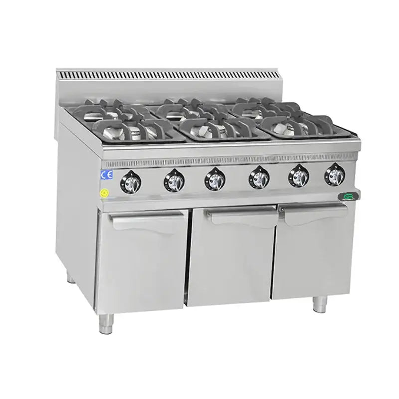 Professioneller Edelstahl-Gasherd mit sechs Brennern und Ofentüren für Gastronomie