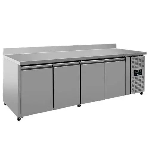 Refrigerated table with wheels and upstand – 4 doors – 2230x700x850 mm