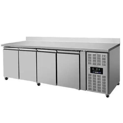Refrigerated table with wheels and upstand – 4 doors – 2230x700x850 mm