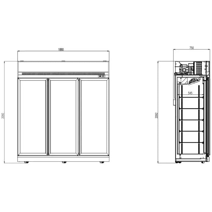 Kühlschrank mit 3 Glastüren - Schwarz - 1530 Liter - 1880x710x2092 mm