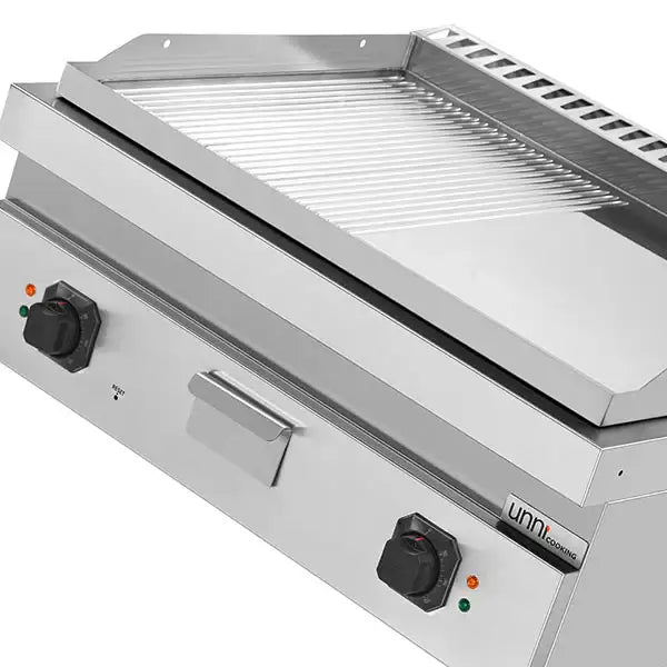 Elektrische Grillplatte - 800x700x350 mm - 1/2 glatt + 1/2 gerillt - Chrome - 9 kW
