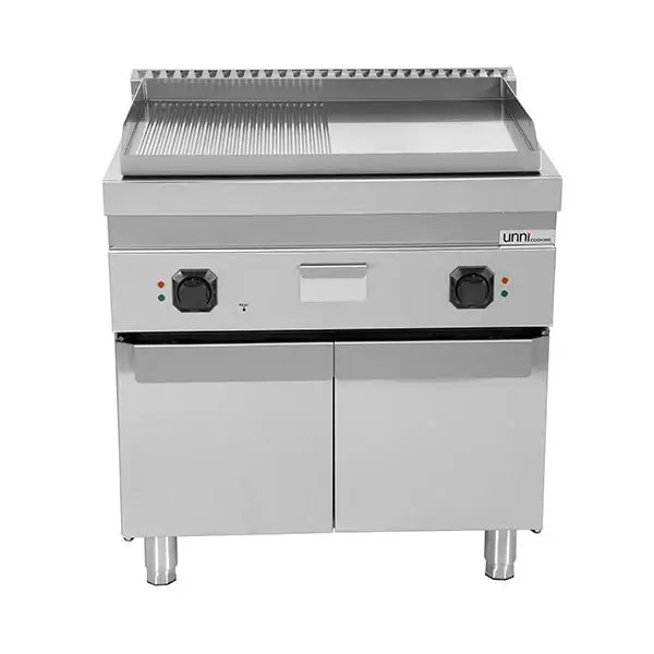Elektrische Grillplatte - 800x700x850/900 mm - 1/2 glatt + 1/2 gerillt CHROM - 9 kW