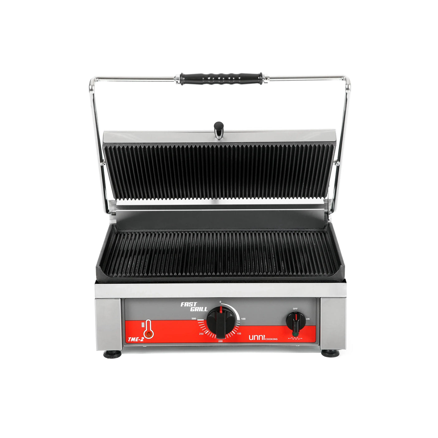 Professioneller Kontaktgrill aus Edelstahl für Gastronomie, offene Grillplatten, Gastro-Bedarf24