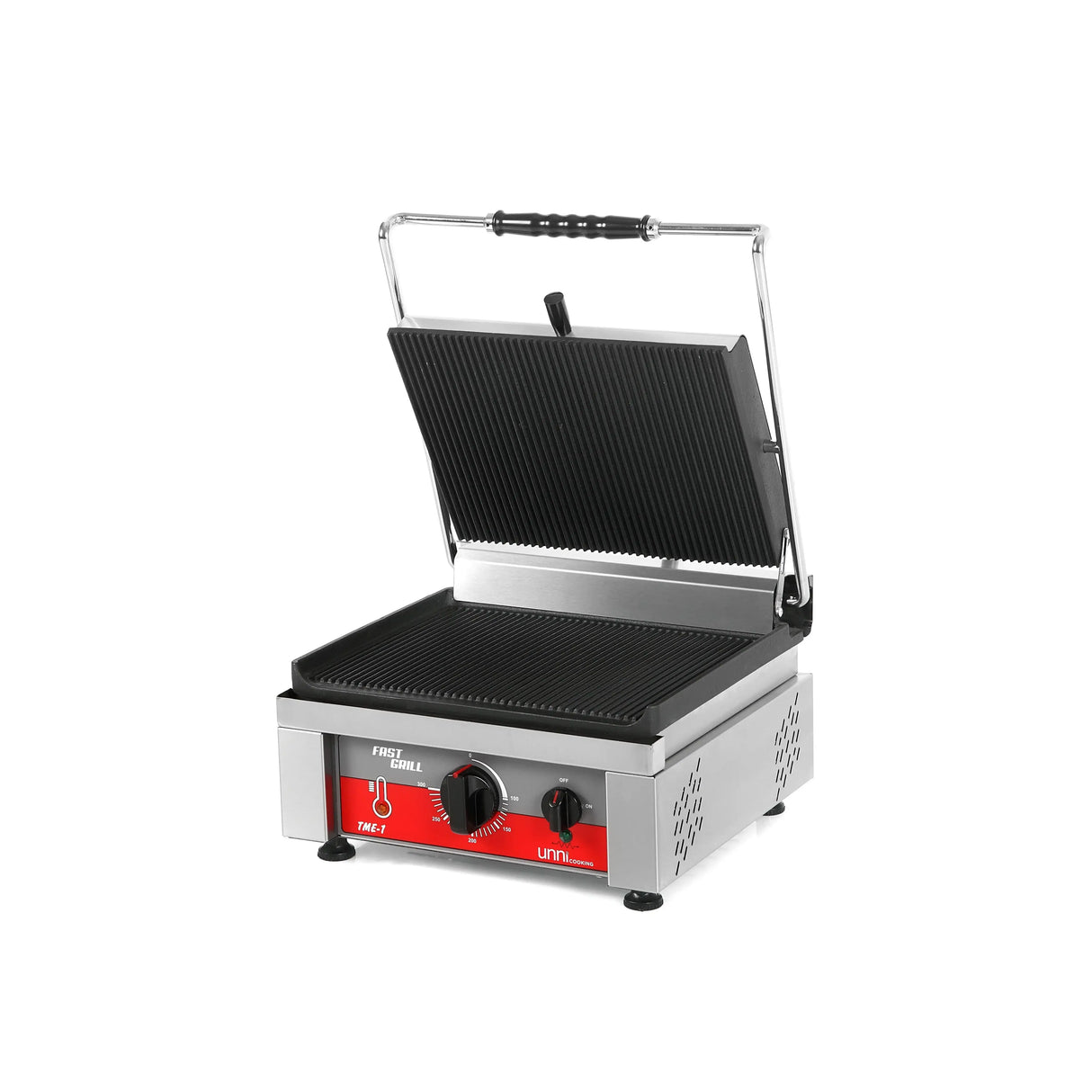 Elektrischer Kontaktgrill aus Edelstahl für Gastronomie, gerippte Grillplatten, Gastro-Bedarf24