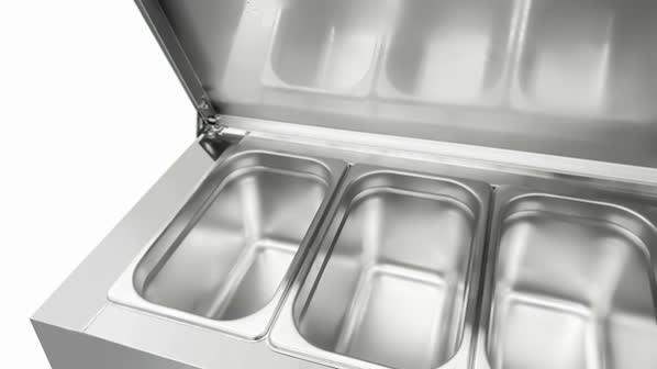 Saladette mit Räder | 2 Türen (1/1 GN) | Oben 6× 1/3 GN | +2°C bis +8°C | Zwangskühlung | Klappdeckel
