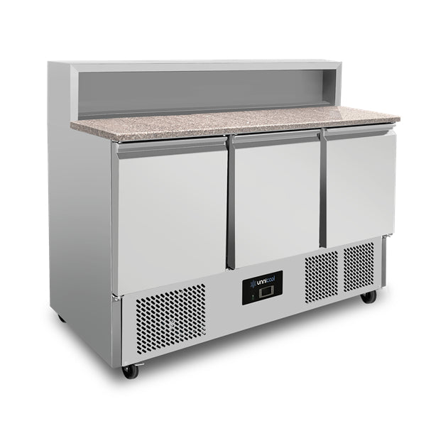 Pizza-Werkbank, 3-türig (GN 1/1), mit 8 × GN 1/6 Aufsatz | +2°C bis +8°C