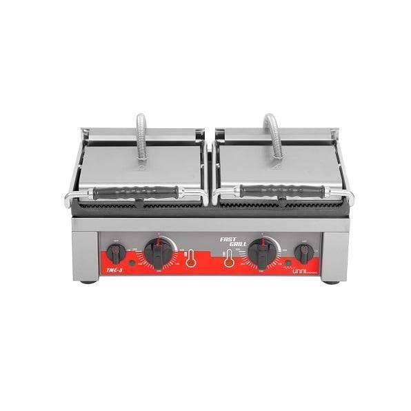 Doppel-Kontaktgrill aus Edelstahl für Gastronomie, ideal für Profiküchen, rote Bedienleiste
