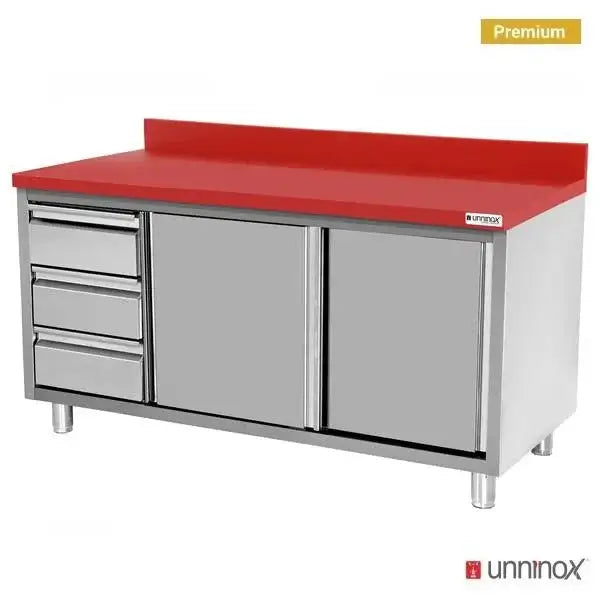 Edelstahl Arbeitsschrank - 1600x700x850mm - mit Schiebetür und 3 Schubladen links - inkl. Schneidplatte Rot