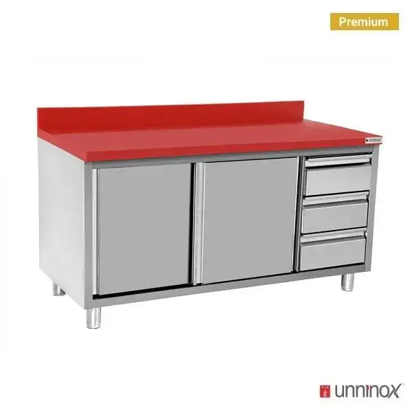 Paslanmaz çelik çalışma dolabı - 1200x700x850mm - sürgülü kapılı ve sağda 3 çekmeceli - kırmızı kesme tablası dâhil