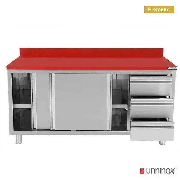 Paslanmaz çelik çalışma dolabı - 1200x700x850mm - sürgülü kapılı ve sağda 3 çekmeceli - kırmızı kesme tablası dâhil