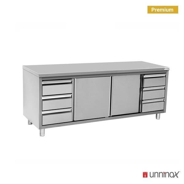 Arbeitsschrank ohne Aufkantung und 3+3 Schubladen - 1800x700x850/900 mm