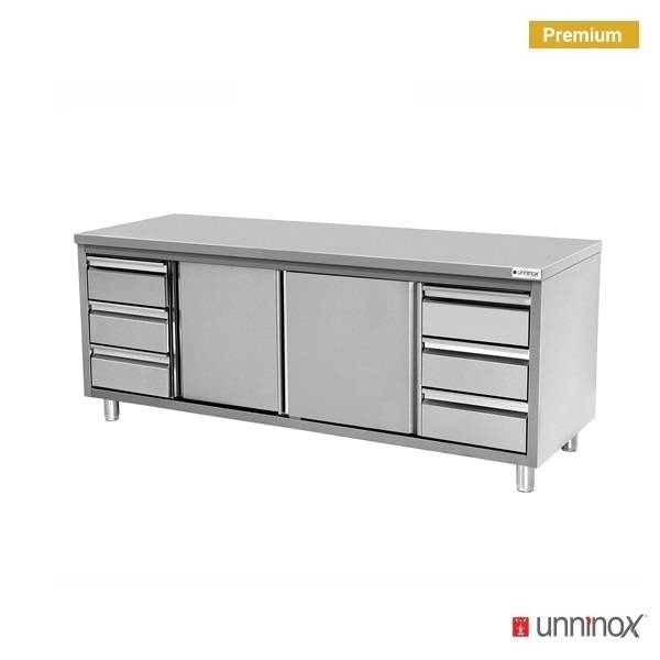 Arbeitsschrank ohne Aufkantung und 3+3 Schubladen - 2400x700x850/900 mm