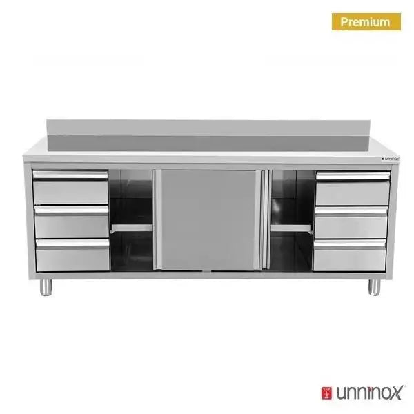 Arka sıçrama kenarlı ve 3+3 çekmeceli çalışma dolabı - 2400x700x850/900 mm