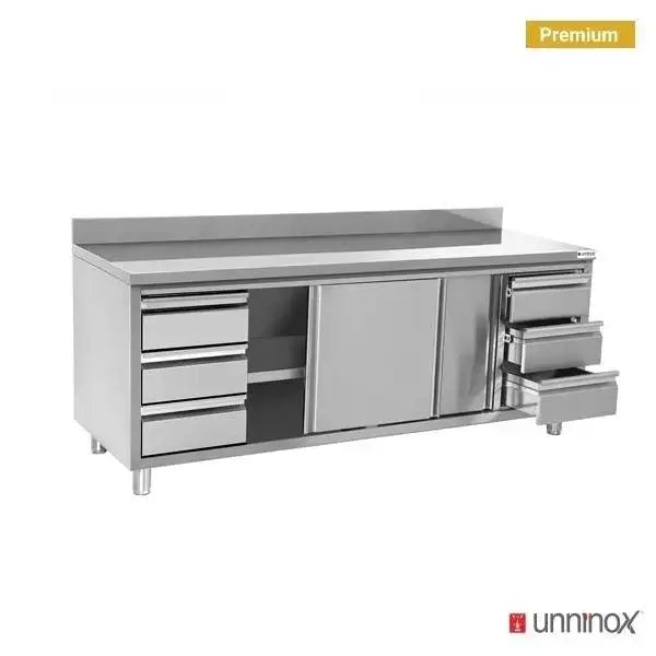 Arbeitsschrank mit Aufkantung und 3+3 Schubladen - 1800x700x850/900 mm