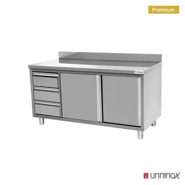 Arbeitsschränke mit Aufkantung und 3 Schubladen Links - 1500x600x850/900 mm - Gastro-Bedarf24 GmbH