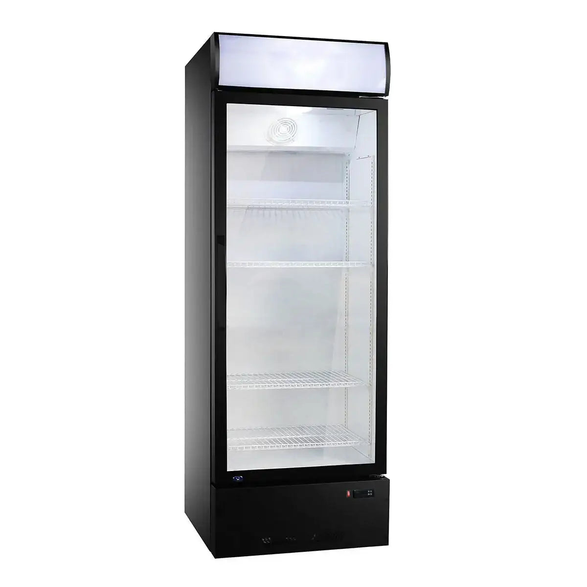 Schwarzer Getränkekühlschrank mit Glasfront und Edelstahlregalen für Gastronomie