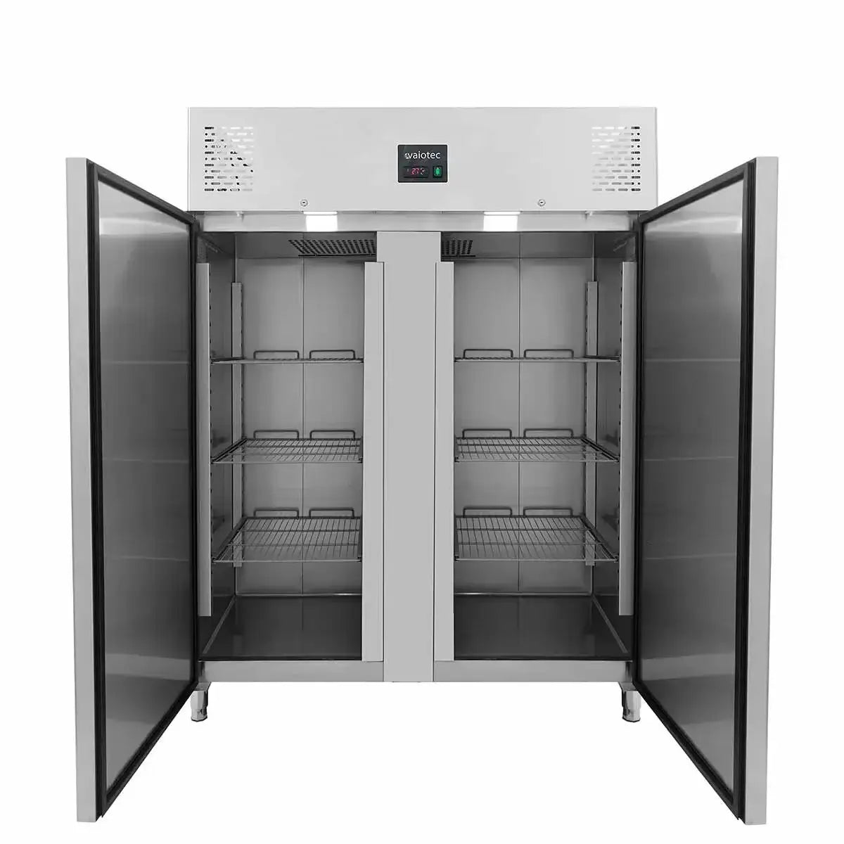 Professioneller Edelstahl-Kühlschrank mit Glastüren und Edelstahlregalen für Gastronomie