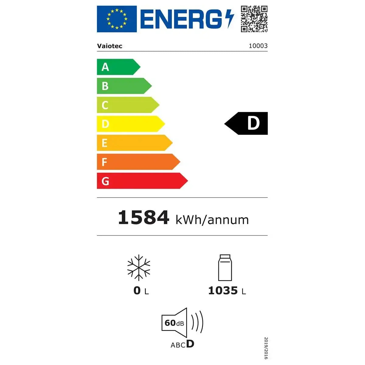 Energieeffizienzklasse D, 1584 kWh/Jahr, 1035 L Fassungsvermögen, 60 dB Geräuschpegel