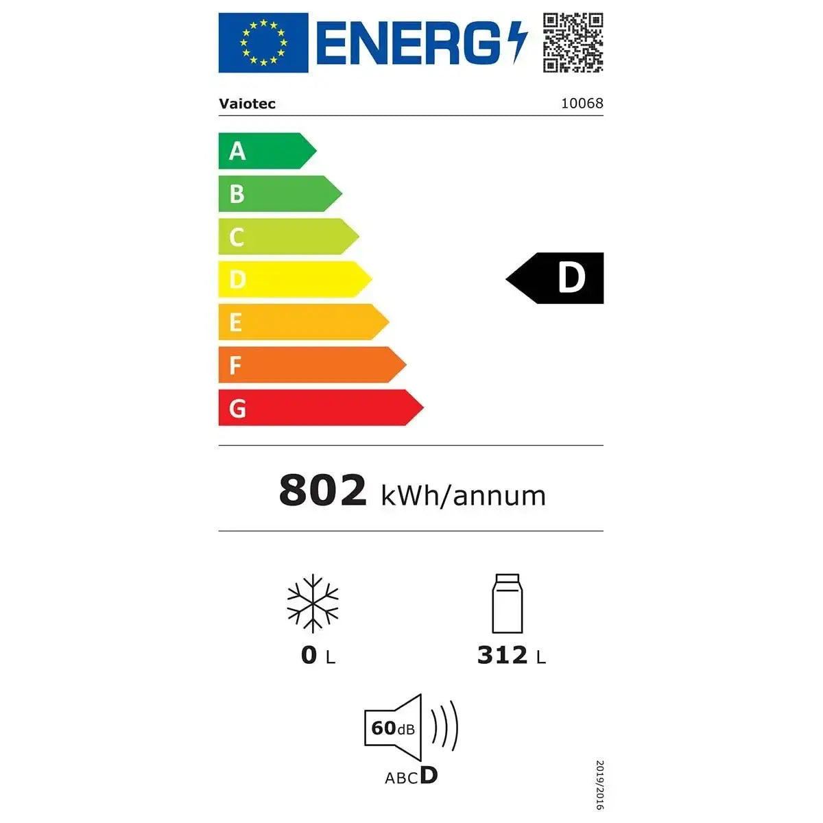 Energieeffizienzklasse D, 802 kWh/Jahr, 312 L Kühlvolumen, 60 dB Geräuschpegel