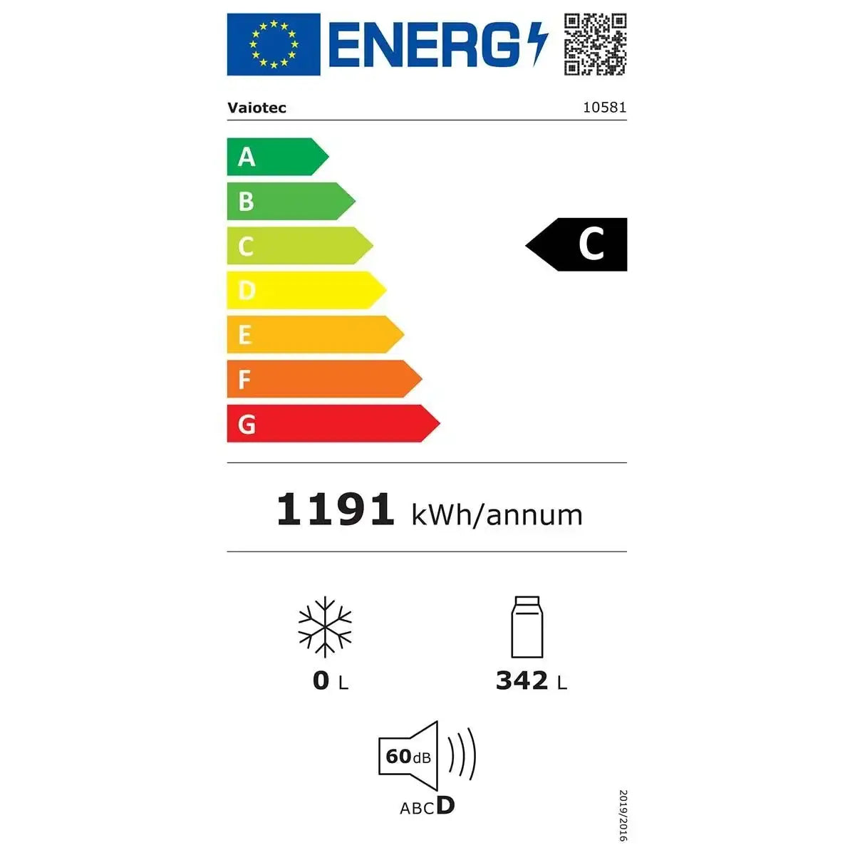 Energieeffizienzlabel für Gastronomiegeräte: Klasse C, 1191 kWh/Jahr, 342 L, 60 dB