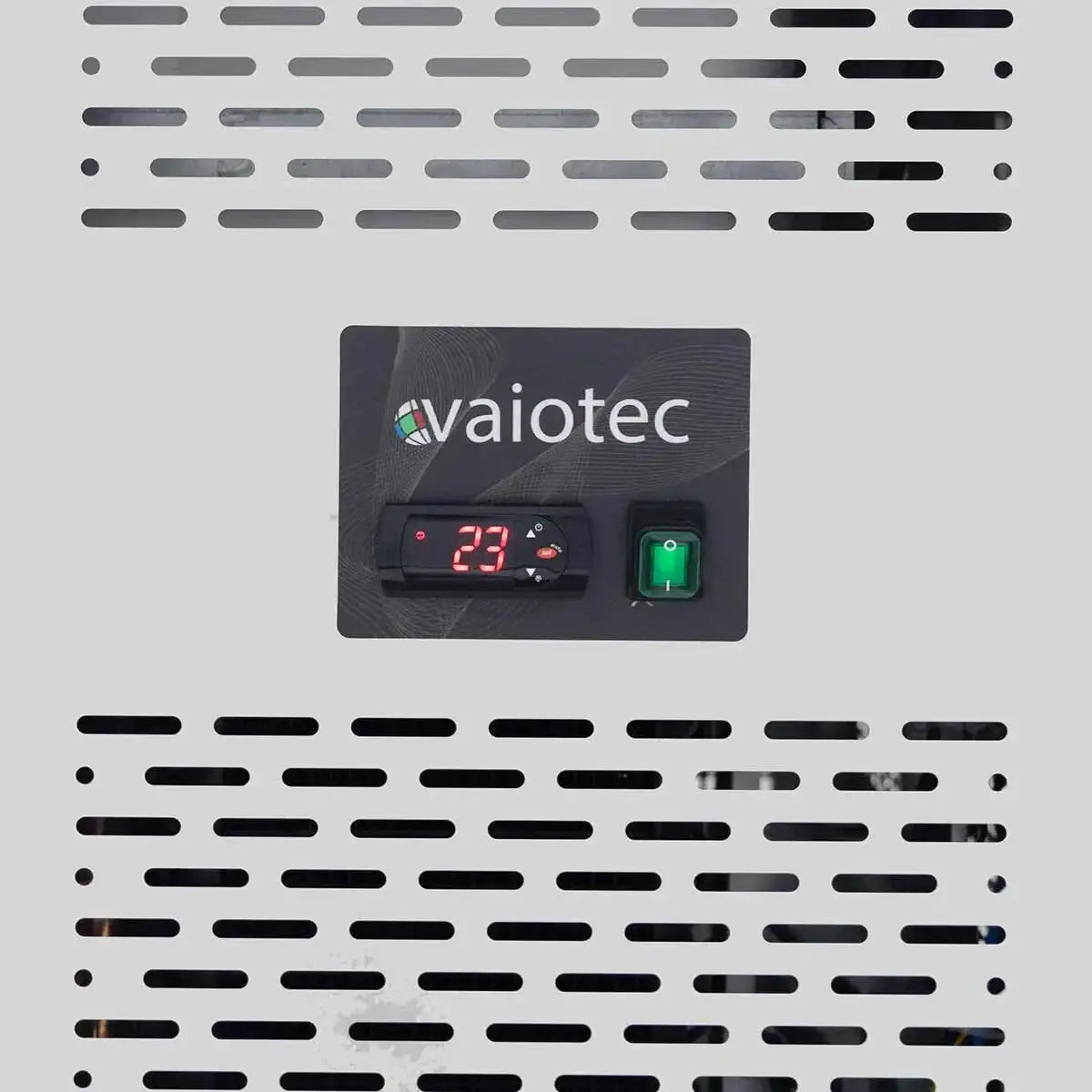 Vaiotec-Kühlgerät mit digitaler Anzeige und grünem Schalter, Edelstahl-Design für Gastronomie