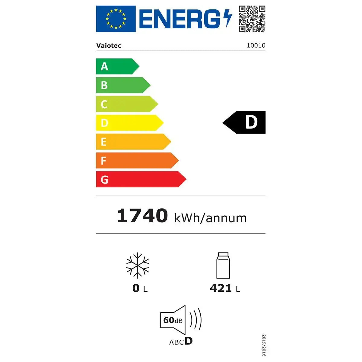 Energieeffizienzklasse D, 1740 kWh/Jahr, 421 L Kühlraum, 60 dB Geräuschpegel