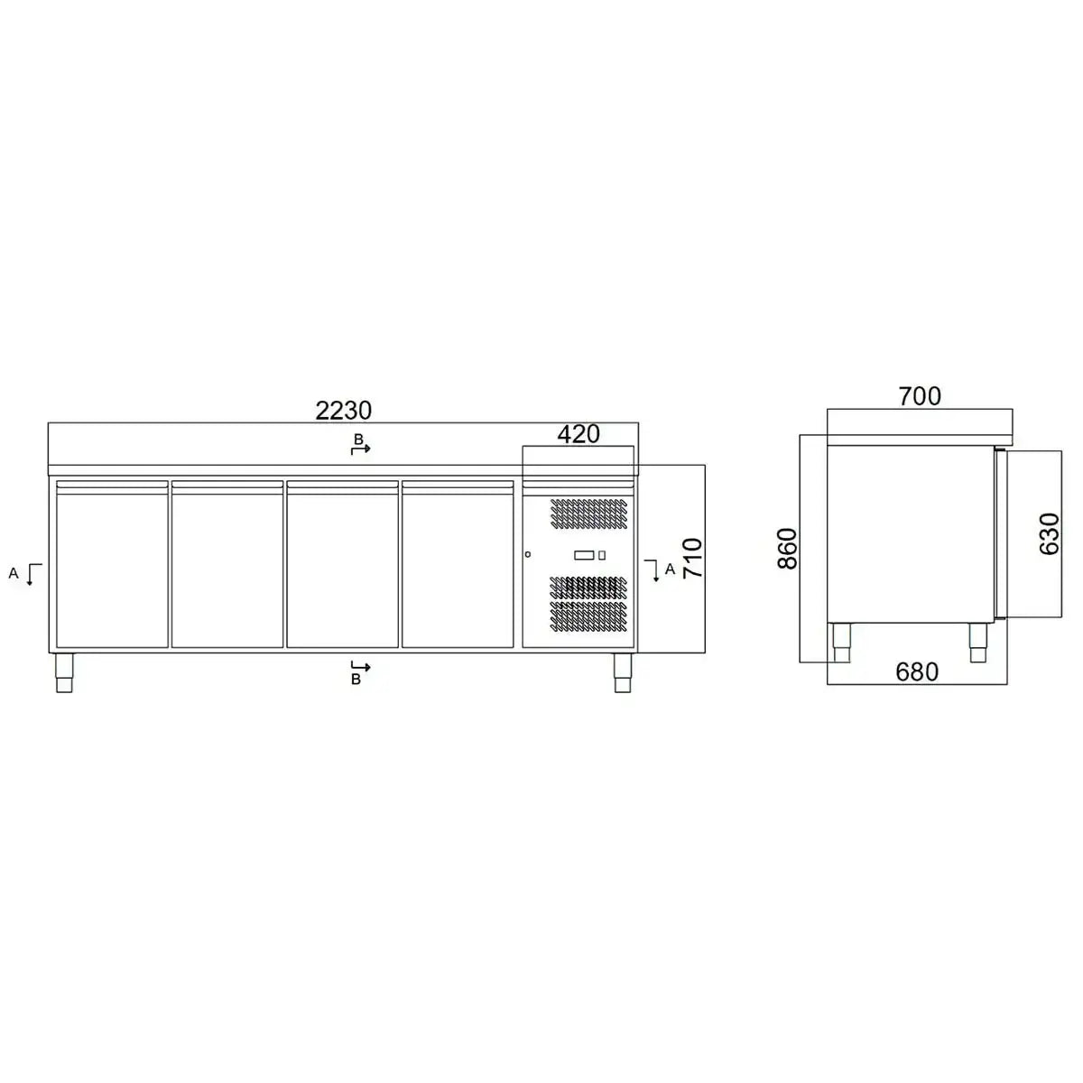 Technische Zeichnung Edelstahl-Kühltisch mit Maßen für Gastronomie, 2230 mm breit, 710 mm hoch
