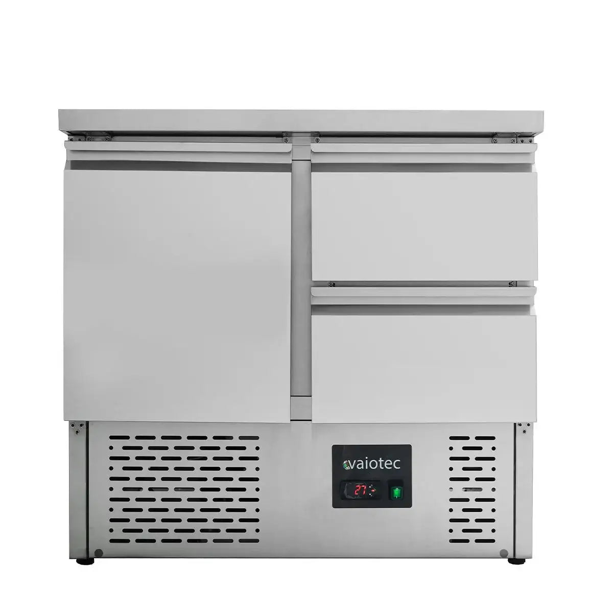 Edelstahl-Kühlschrank mit digitaler Anzeige und VaioTec-Logo für professionelle Gastronomie