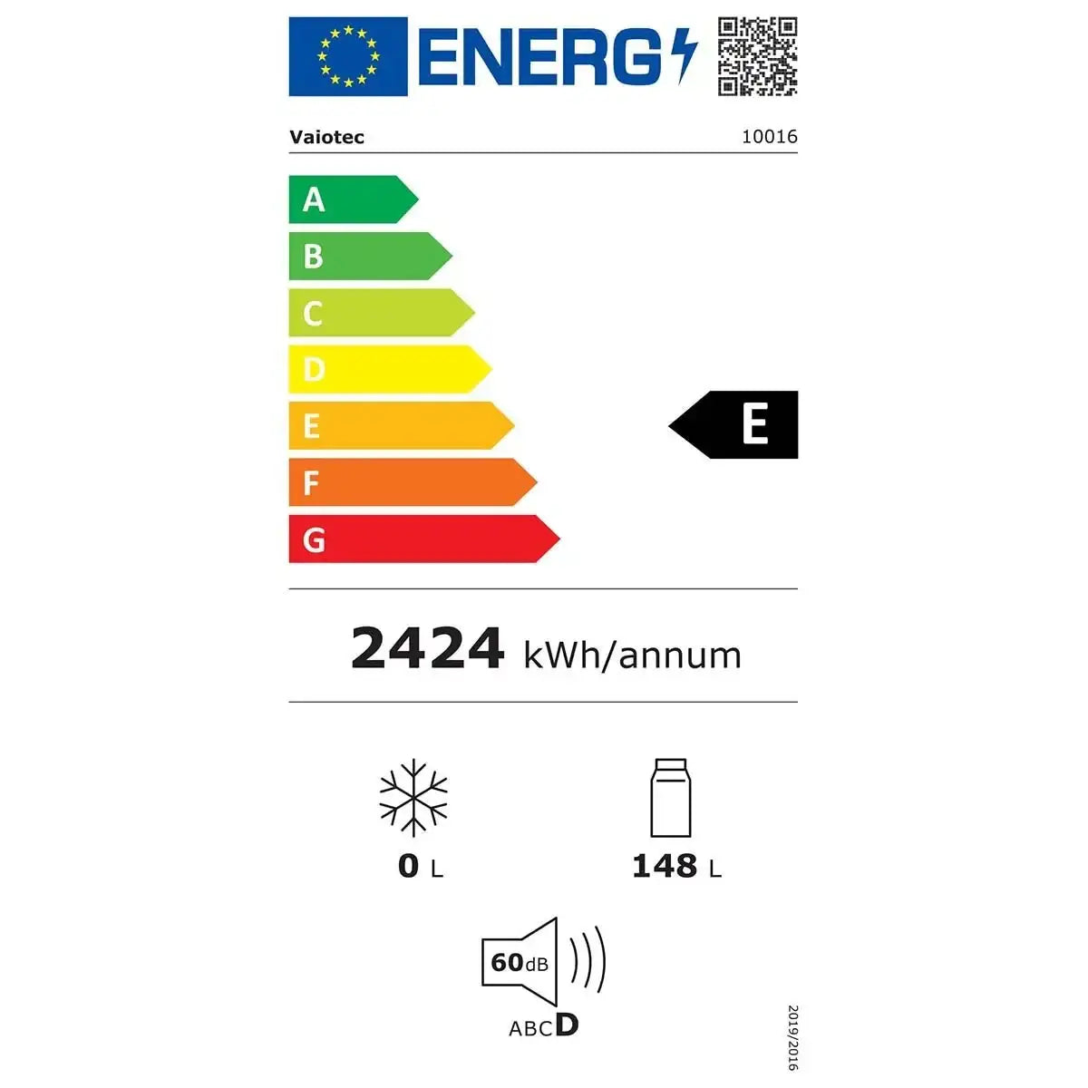 Energieeffizienzklasse E, 2424 kWh/Jahr, 148 L Kühlraum, 60 dB Geräuschpegel