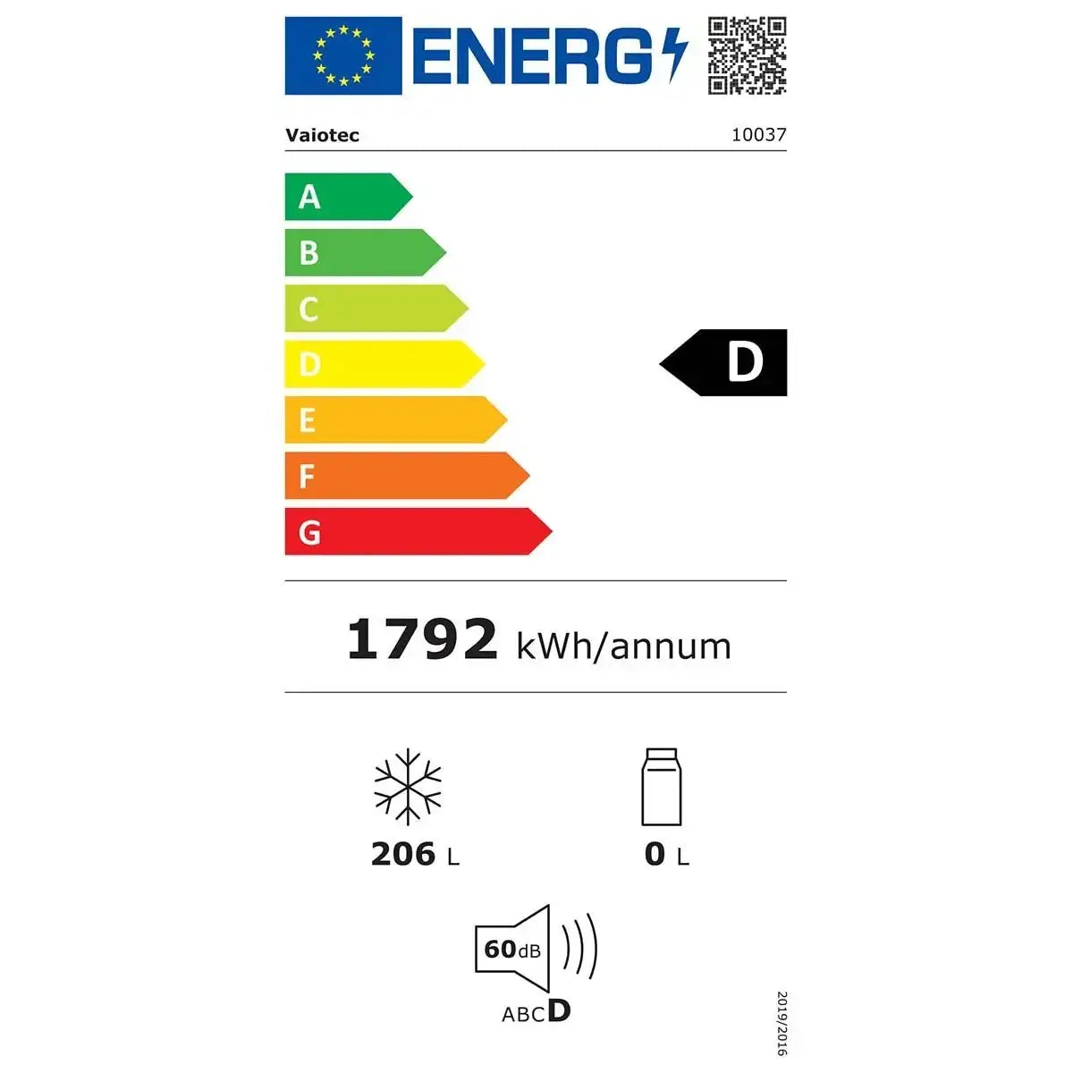 Energieeffizienzklasse D, 1792 kWh/Jahr, 206 L Kühlraum, 60 dB Geräuschpegel – Vaiotec