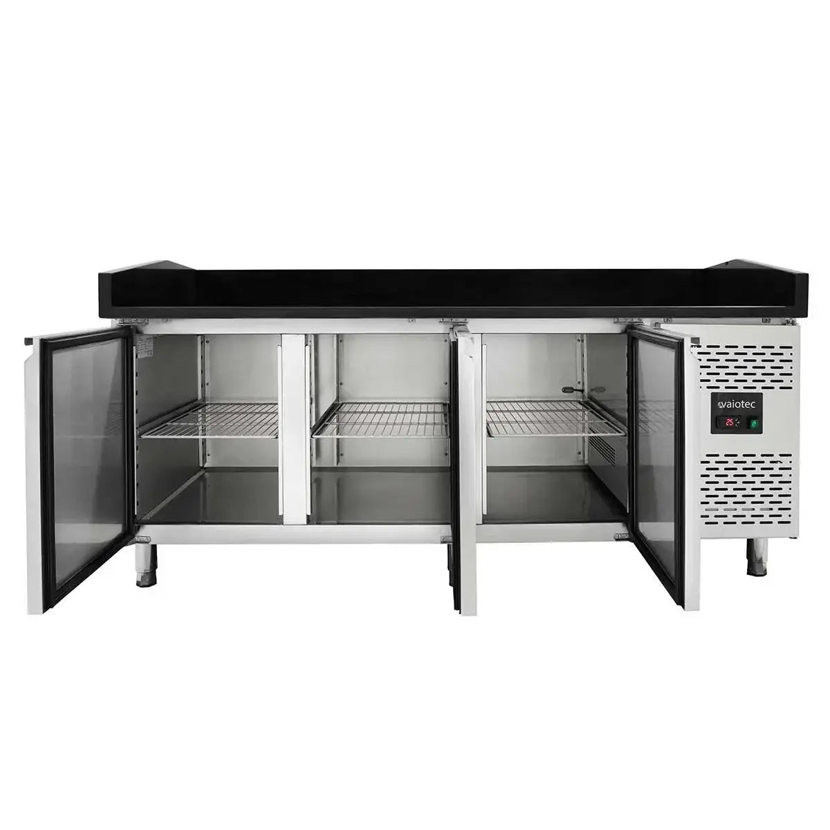 Professioneller Gastronomie-Kühltisch mit Edelstahlregalen und digitaler Temperaturanzeige