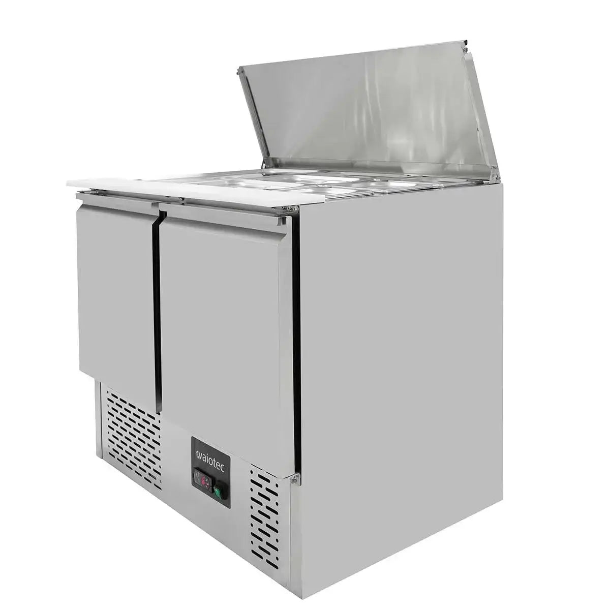 Edelstahl-Gastro-Kühlschrank mit geöffnetem Deckel und integriertem Kühlbereich für professionelle Gastronomie
