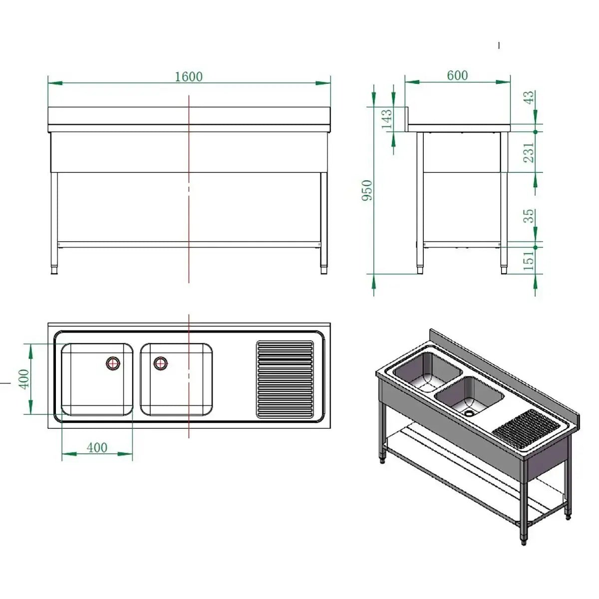 EASYLINE Spültisch 600 / 2 Becken links und Abtropffläche B:1600 - Gastro-Bedarf24 GmbH