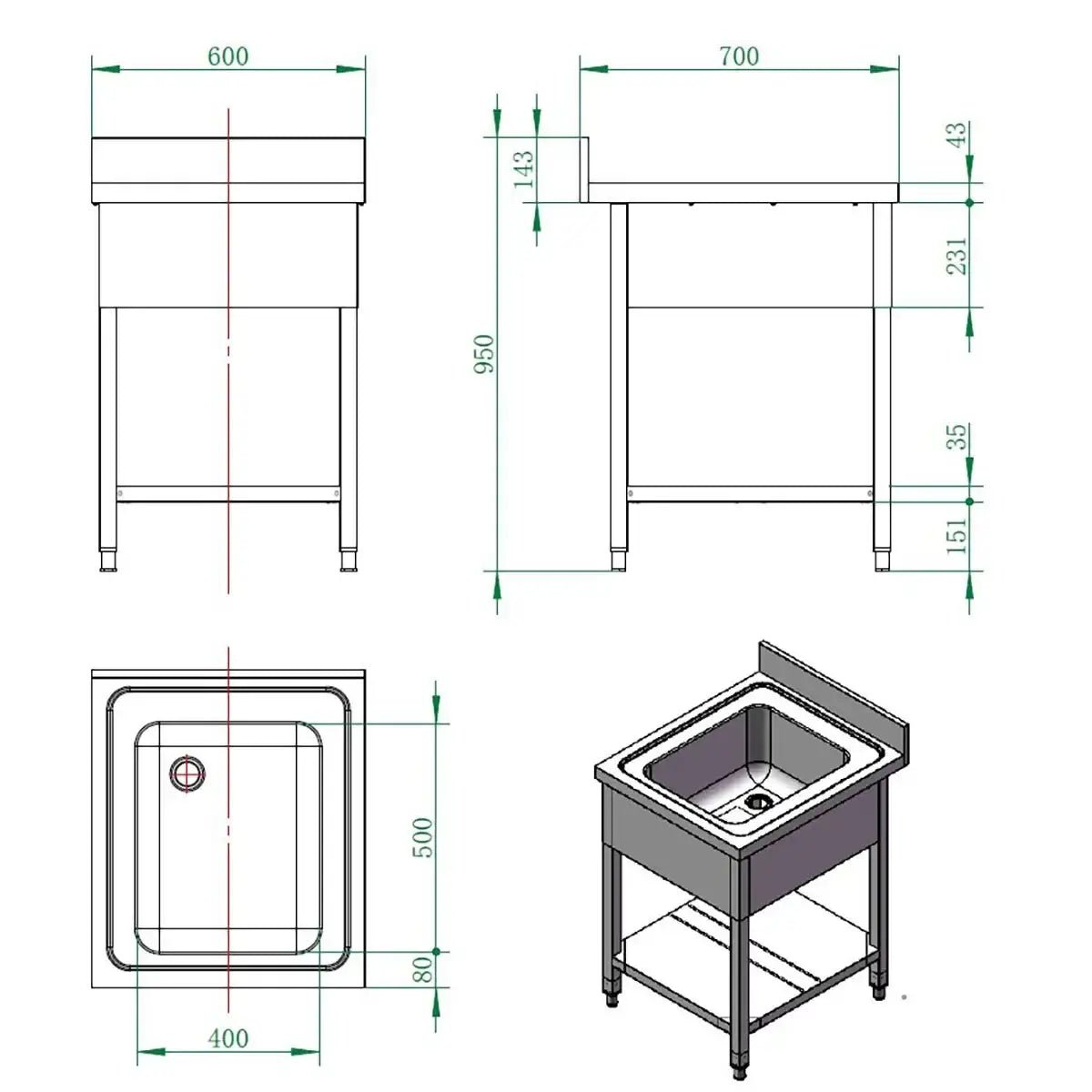 EASYLINE Spültisch 700 / 1 Becken B:600 - Gastro-Bedarf24 GmbH