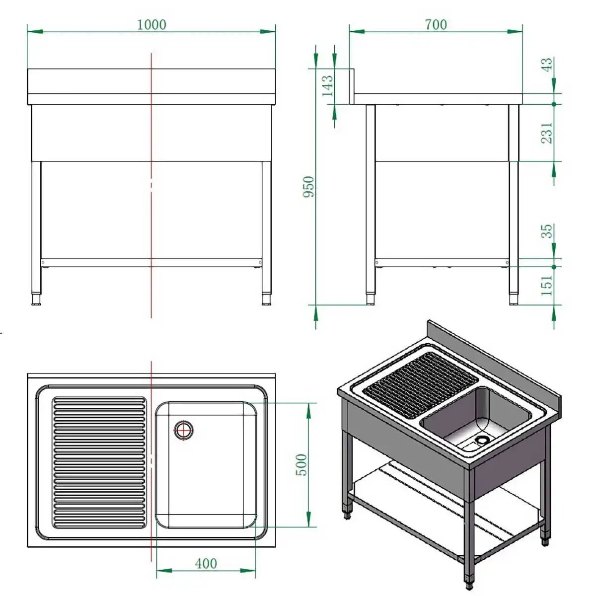 EASYLINE Spültisch 700 / 1 Becken rechts und Abtropffläche B:1000 - Gastro-Bedarf24 GmbH