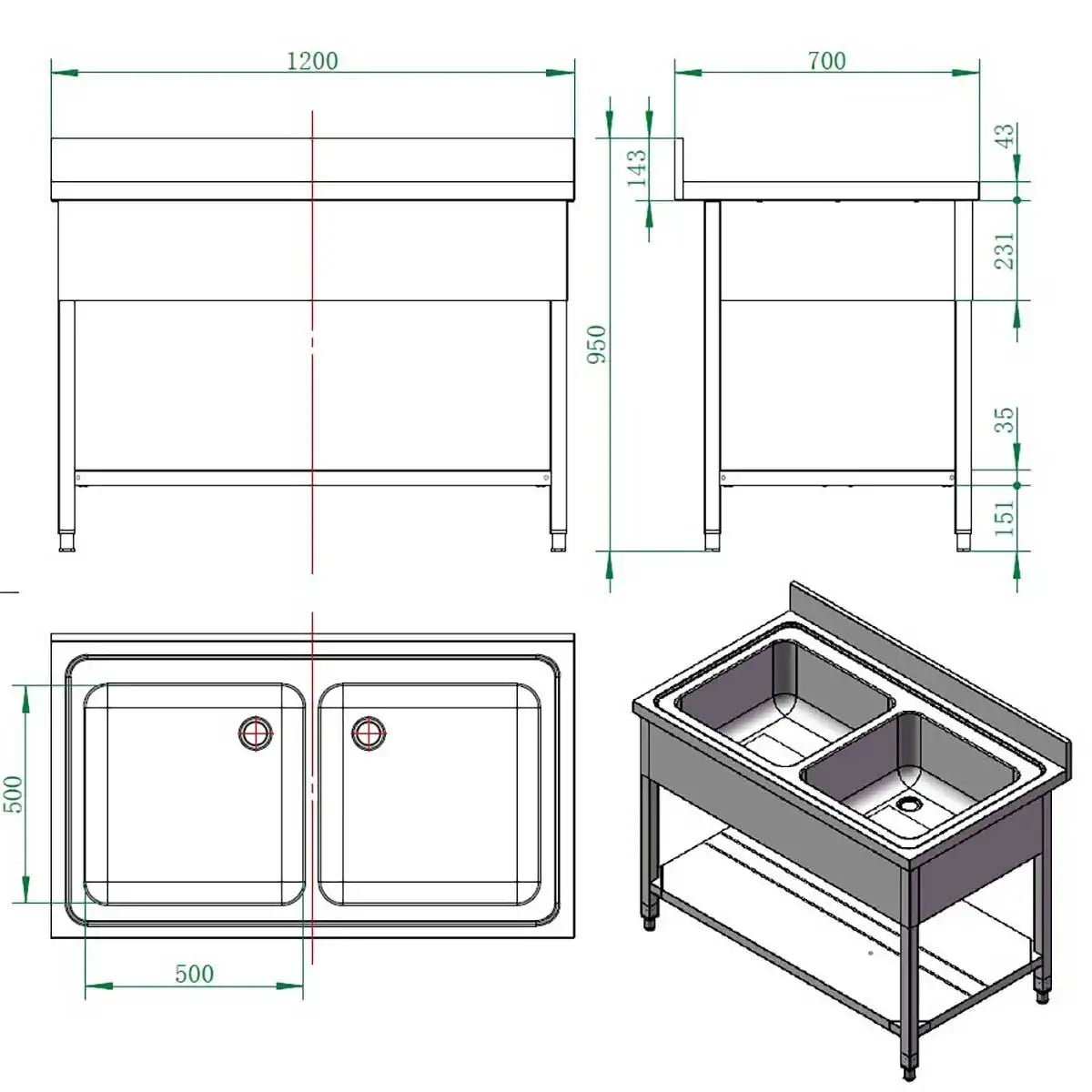 EASYLINE Spültisch 700 / 2 Becken B:1200 - Gastro-Bedarf24 GmbH
