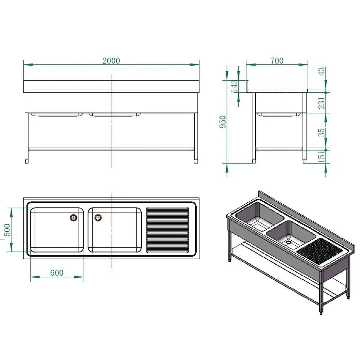 EASYLINE Spültisch 700 / 2 Becken links und Abtropffläche B:2000 - Gastro-Bedarf24 GmbH