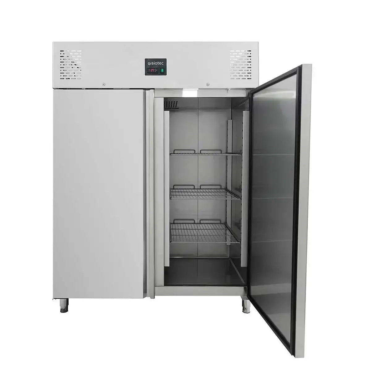 Professioneller Edelstahl-Kühlschrank mit offener Tür und Regalen für Gastronomie