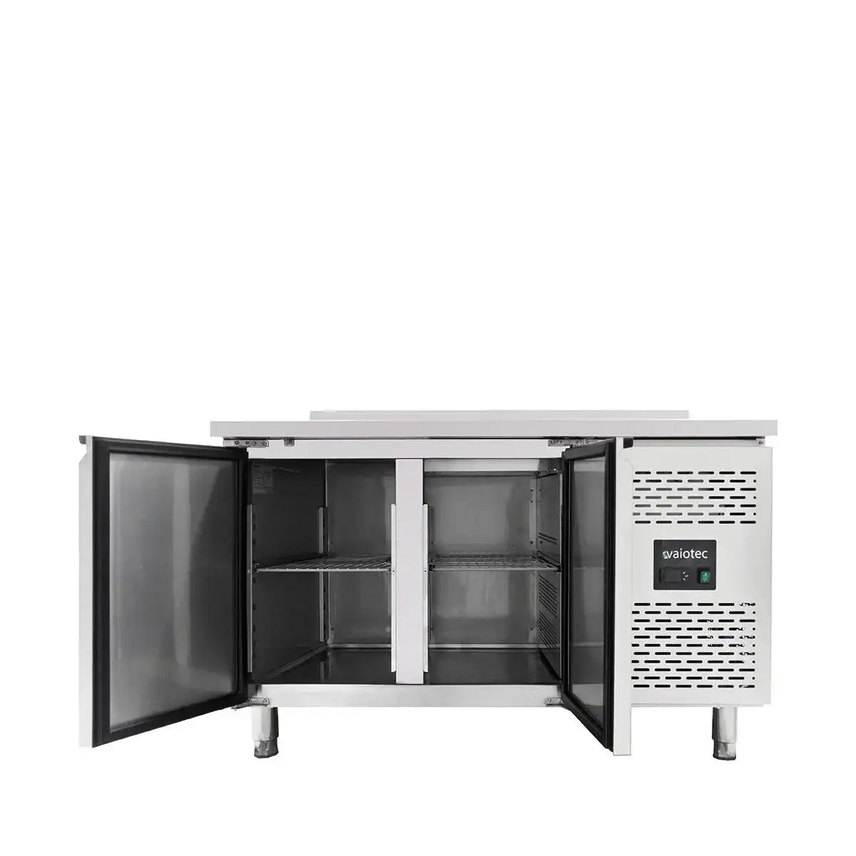 Vaiotec Unterbau-Kühltisch mit 2 Glastüren, Edelstahl, für Gastronomie, professionell, mit Regalen