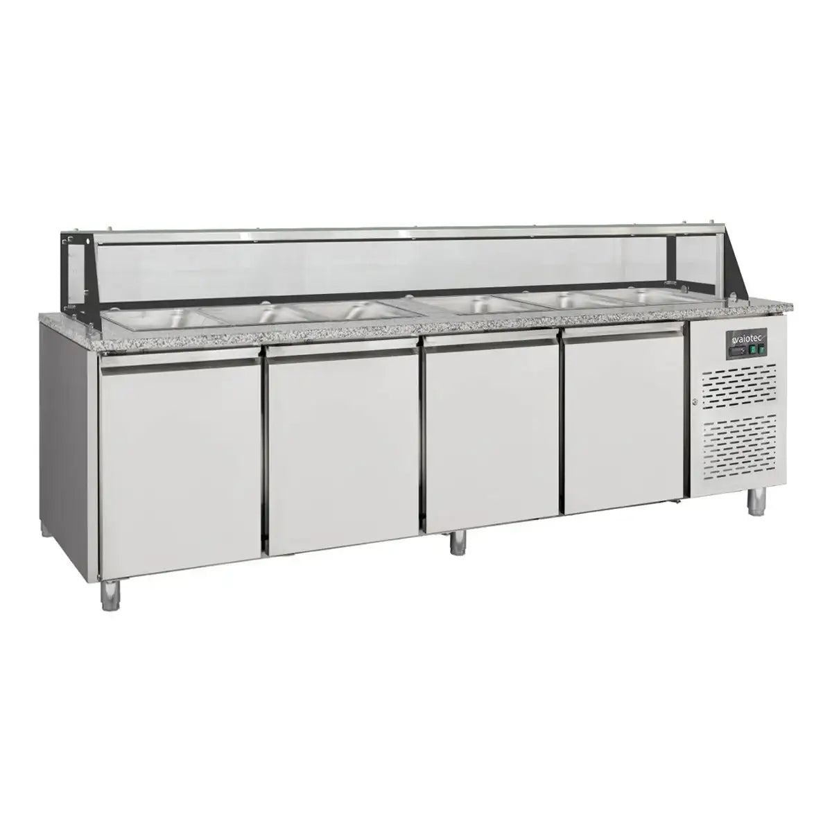 EASYLINE Preparation Table / 4-section with Doors, Glass Structure, for 6x GN 1/1 "gray", 2500 x 800 mm