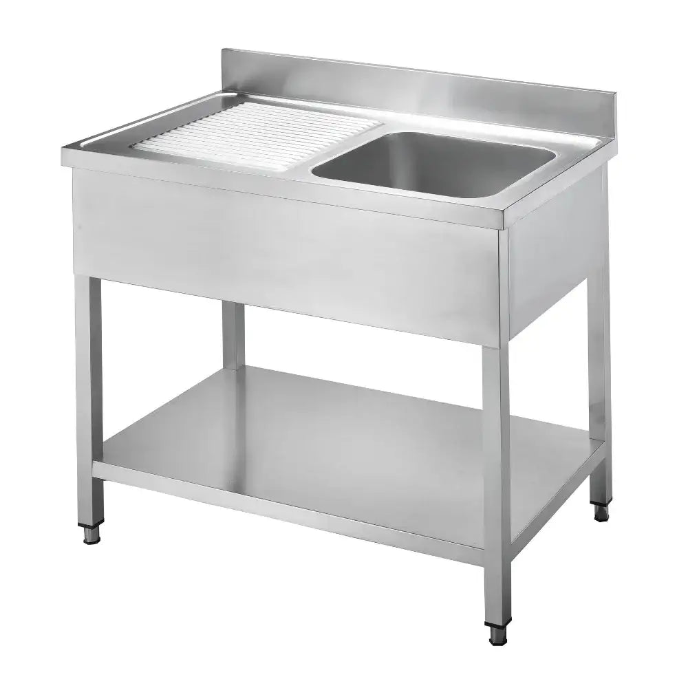 Edelstahl-Gastro-Spüle mit Ablagefläche und Unterbau für professionelle Küche