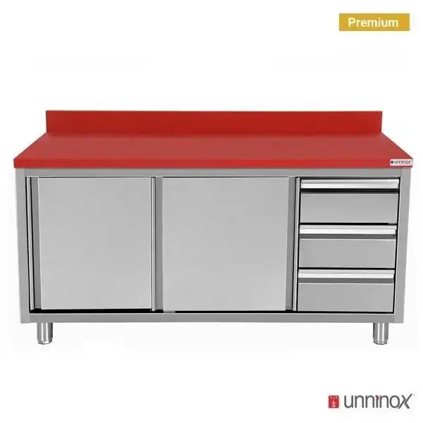 Edelstahl Arbeitsschrank - 1200x700x850mm - mit Schiebetür und 3 Schubladen rechts - inkl. Schneidplatte Rot - Gastro-Bedarf24 GmbH