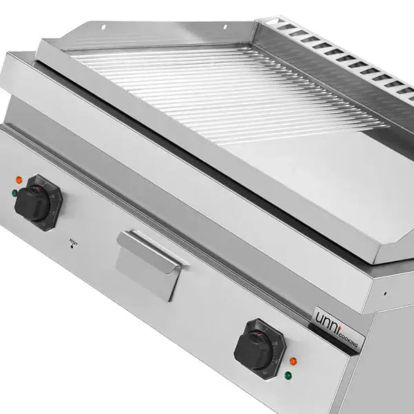Elektrische Grillplatte - 800x700x350 mm - 1/2 glatt + 1/2 gerillt - Chrome - 9 kW - Gastro-Bedarf24 GmbH